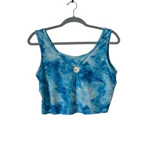 Romwe Blue Tie Dye Ribbed Crop Tank Top Daisy Embroidered Size L Groovy